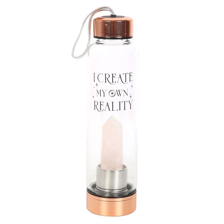 Rose Quartz Create My Own Reality Crystal Infused Glass Water Bottle - 18oz with Natural Point & Stainless Steel Lid