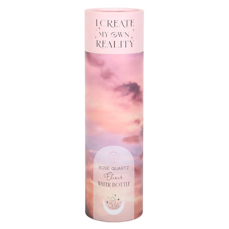 Rose Quartz Create My Own Reality Crystal Infused Glass Water Bottle - 18oz with Natural Point & Stainless Steel Lid