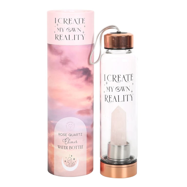 Rose Quartz Create My Own Reality Crystal Infused Glass Water Bottle - 18oz with Natural Point & Stainless Steel Lid