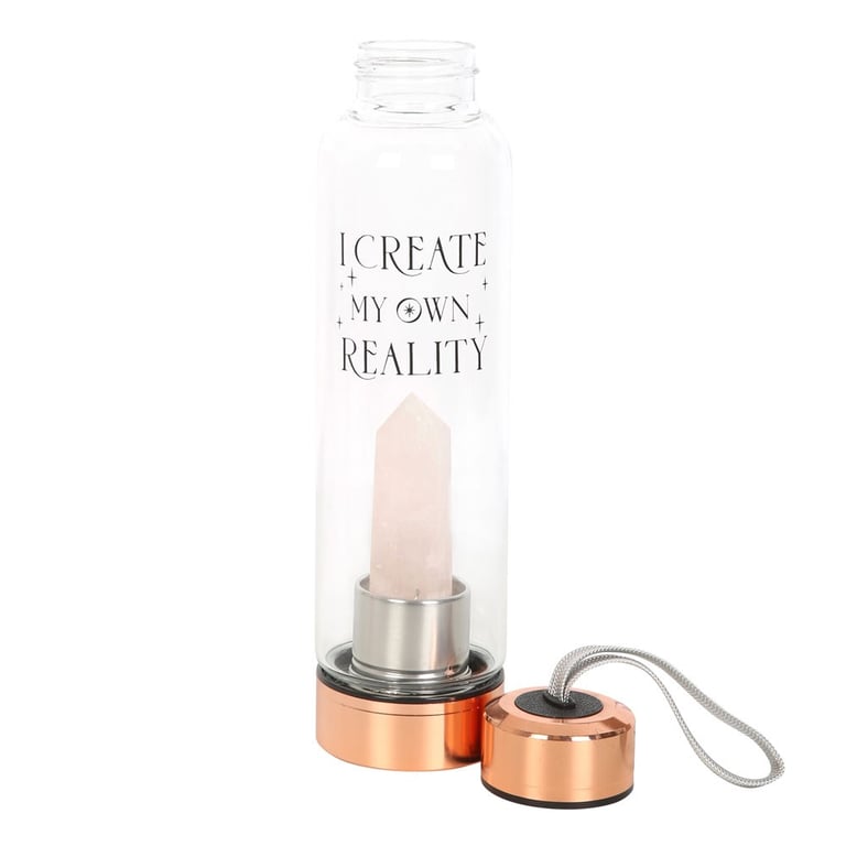 Rose Quartz Create My Own Reality Crystal Infused Glass Water Bottle - 18oz with Natural Point & Stainless Steel Lid