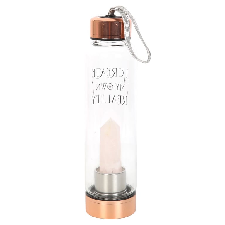 Rose Quartz Create My Own Reality Crystal Infused Glass Water Bottle - 18oz with Natural Point & Stainless Steel Lid