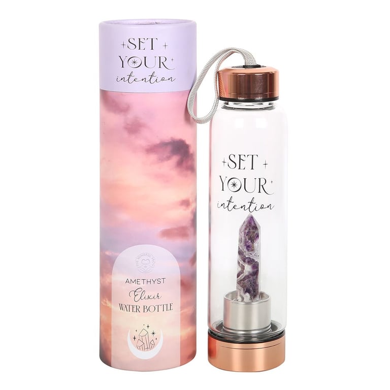 Amethyst Set Your Intention Crystal Infused Glass Water Bottle, 18oz