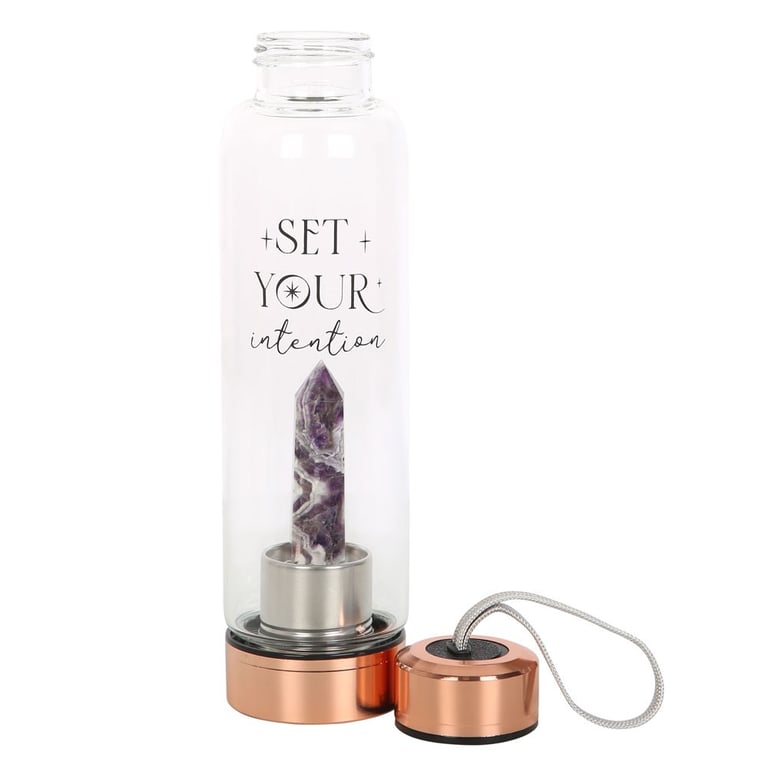 Amethyst Set Your Intention Crystal Infused Glass Water Bottle, 18oz