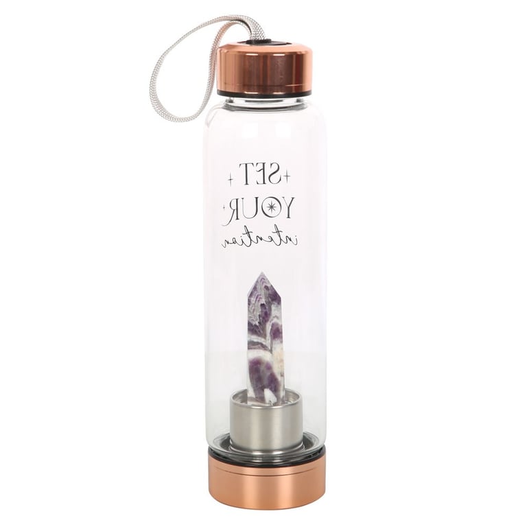 Amethyst Set Your Intention Crystal Infused Glass Water Bottle, 18oz