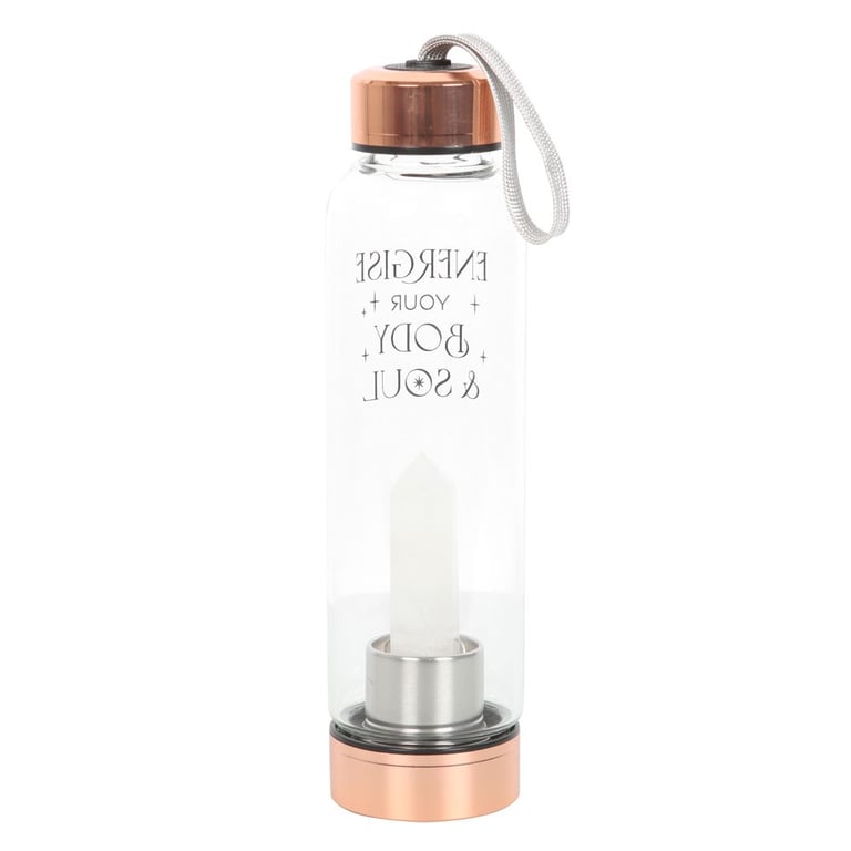 Clear Quartz Crystal Infused Glass Water Bottle - Energize Body & Soul, 18oz, Stainless Steel Lid