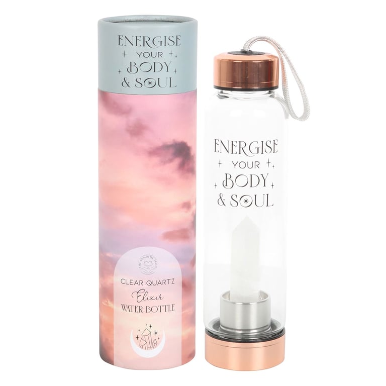 Clear Quartz Crystal Infused Glass Water Bottle - Energize Body & Soul, 18oz, Stainless Steel Lid