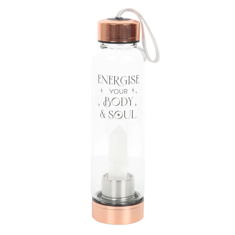 Clear Quartz Crystal Infused Glass Water Bottle - Energize Body & Soul, 18oz, Stainless Steel Lid