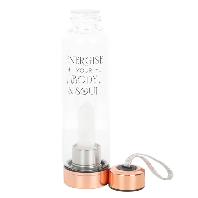 Clear Quartz Crystal Infused Glass Water Bottle - Energize Body & Soul, 18oz, Stainless Steel Lid
