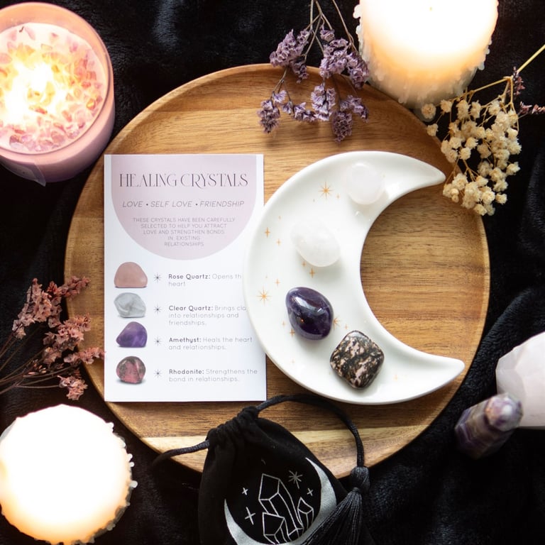 Love Healing Crystal Set - Attract Love & Confidence with Rose Quartz, Amethyst, and Rhodonite Crystals