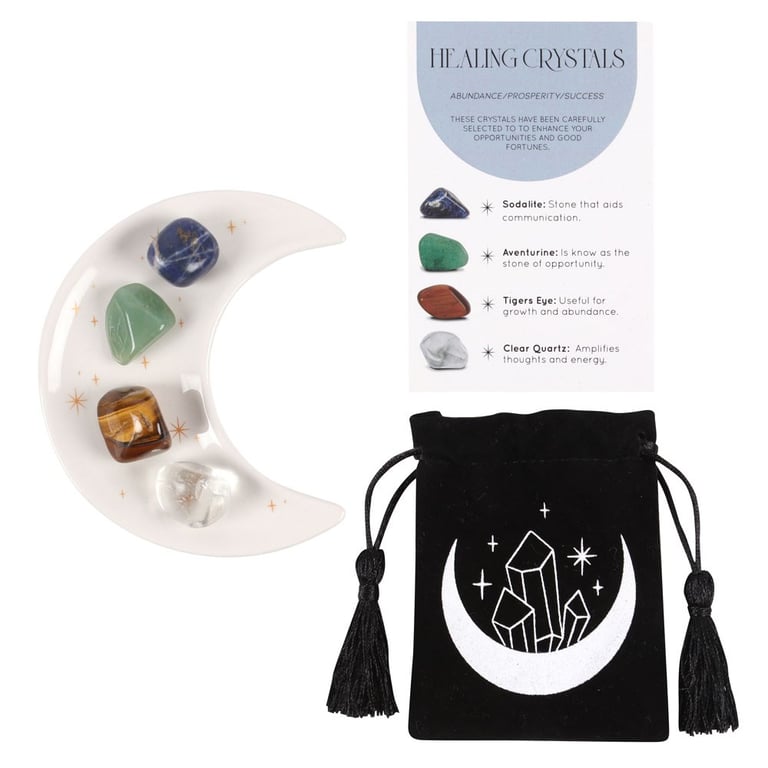 Success Healing Crystal Set - Prosperity Attracting Stones with Crescent Moon Dish