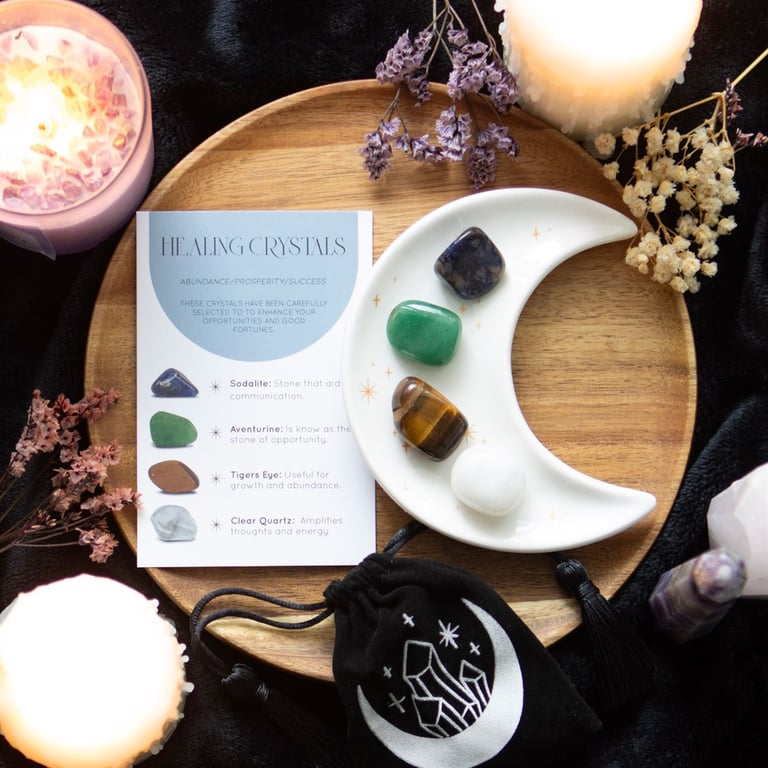 Success Healing Crystal Set - Prosperity Attracting Stones with Crescent Moon Dish