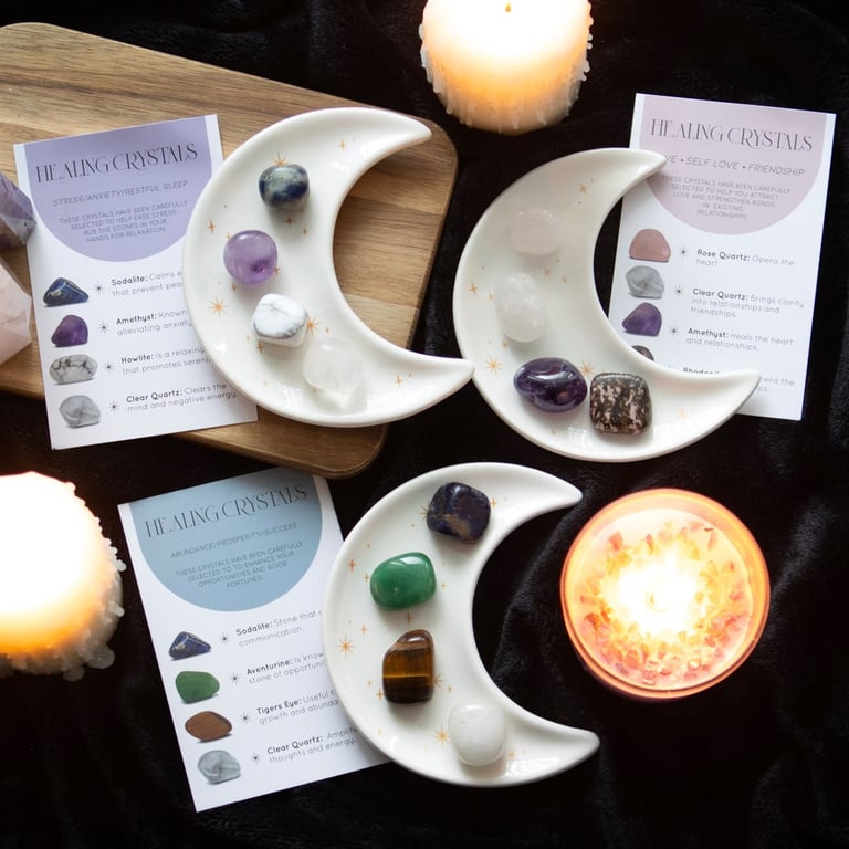 Success Healing Crystal Set - Prosperity Attracting Stones with Crescent Moon Dish