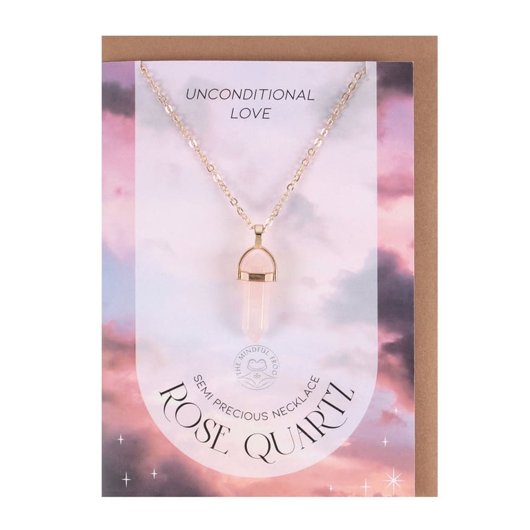 Rose Quartz Crystal Necklace Card - Unconditional Love Symbol with Semi-Precious Stone Pendant