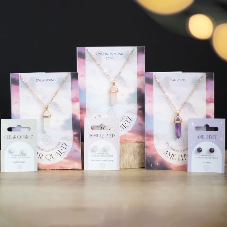 Rose Quartz Crystal Necklace Card - Unconditional Love Symbol with Semi-Precious Stone Pendant