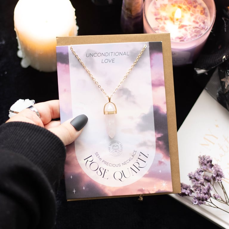 Rose Quartz Crystal Necklace Card - Unconditional Love Symbol with Semi-Precious Stone Pendant