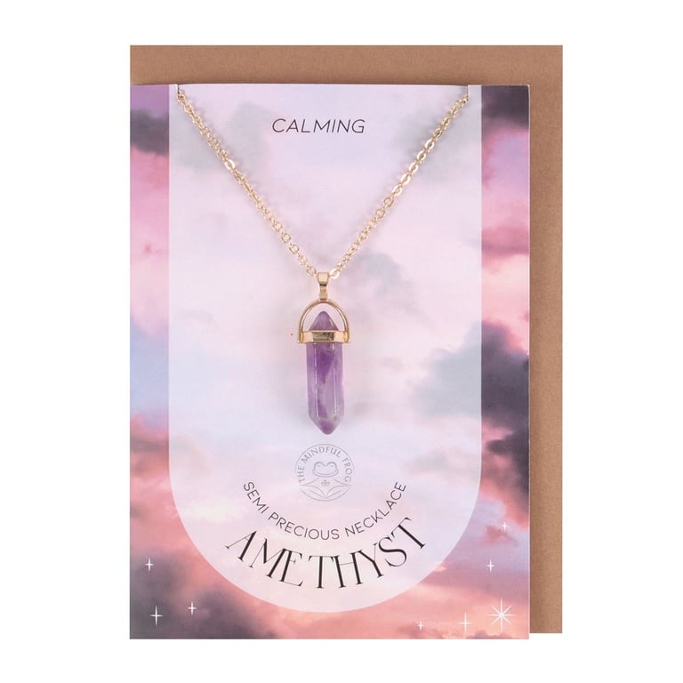 Amethyst Crystal Necklace Card - Relaxation Pendant Necklace with Gold-Tone Chain
