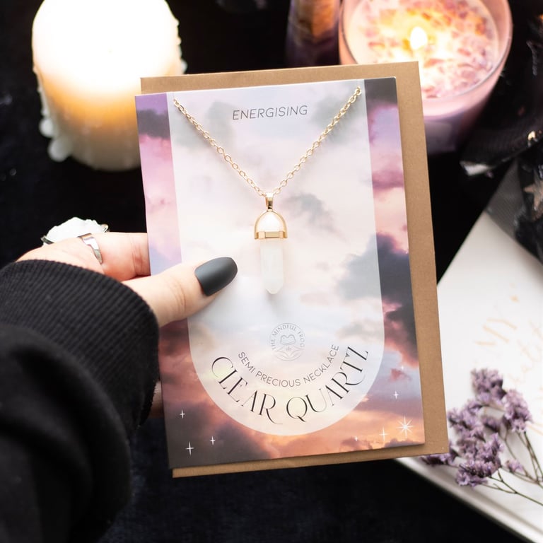 Clear Quartz Crystal Necklace Greeting Card - Positive Energy Pendant Necklace Gift
