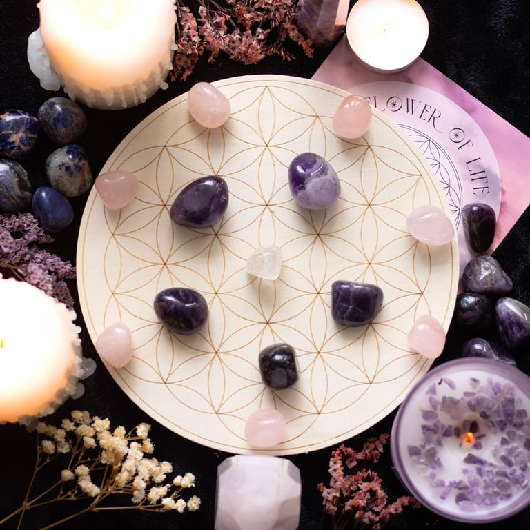 Flower of Life Crystal Grid Set - Attract Love & Abundance with Rose Quartz & Amethyst Tumblestones