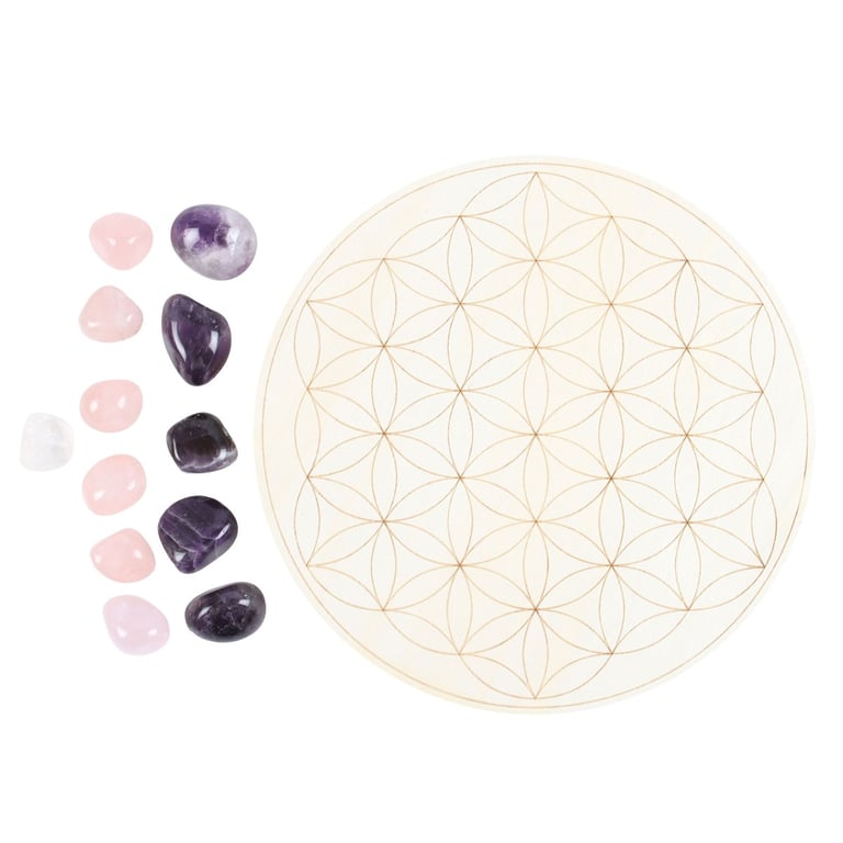 Flower of Life Crystal Grid Set - Attract Love & Abundance with Rose Quartz & Amethyst Tumblestones