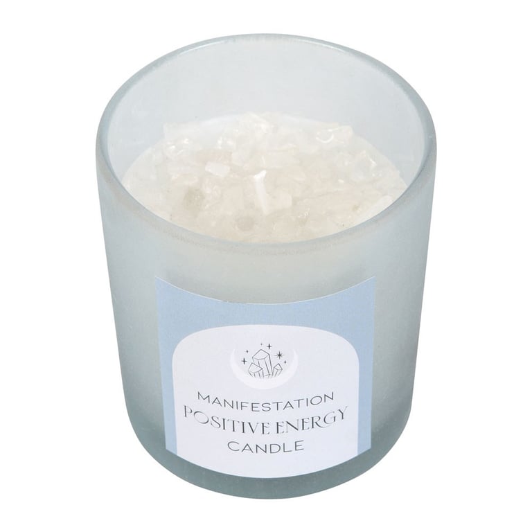 Positive Energy White Sage Crystal Chip Candle - Paraffin Wax, 25hr Burn Time, Clear Quartz Chips for Spiritual Purposes