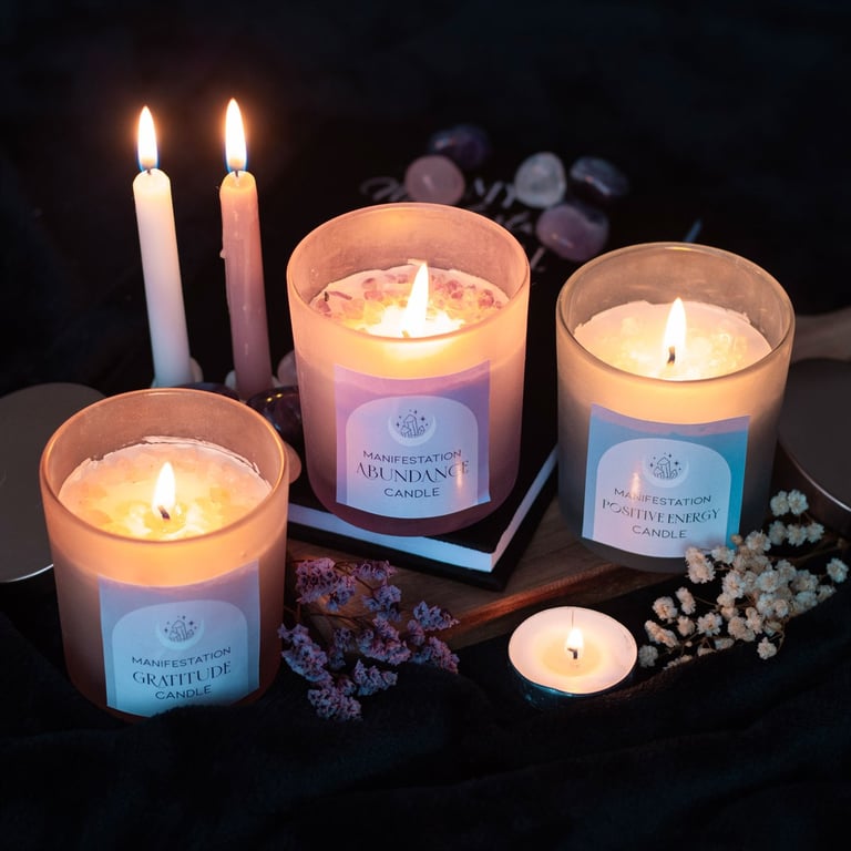 Positive Energy White Sage Crystal Chip Candle - Paraffin Wax, 25hr Burn Time, Clear Quartz Chips for Spiritual Purposes