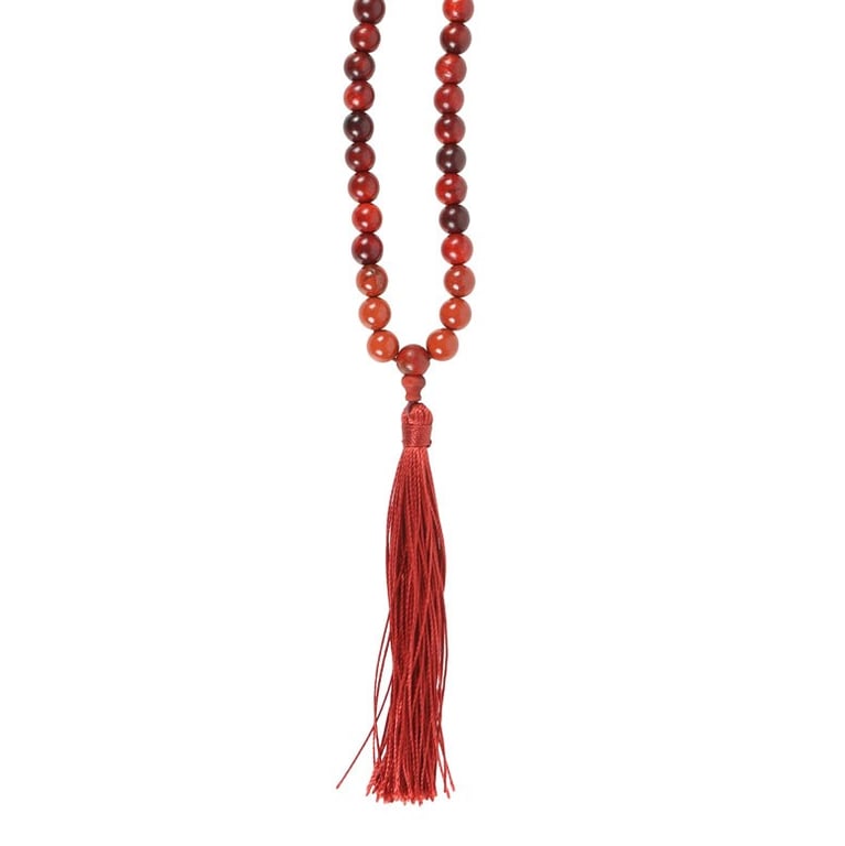 Grounding Rosewood & Red Jasper Mallah Necklace - Spiritual Meditation Beads for Balance and Inner Strength