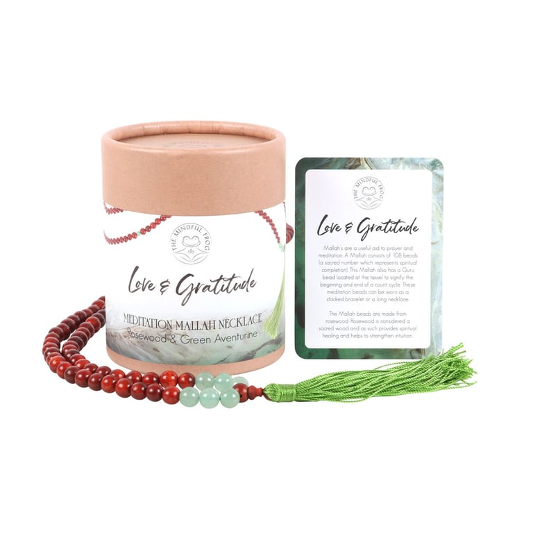 Love and Gratitude Rosewood & Green Aventurine 108 Bead Mallah Necklace for Meditation and Spiritual Growth