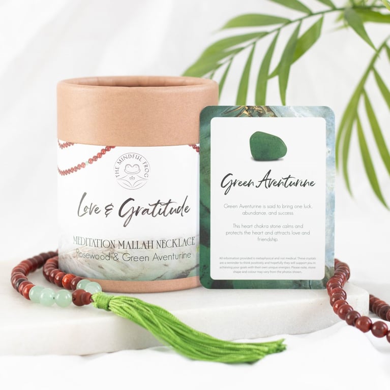 Love and Gratitude Rosewood & Green Aventurine 108 Bead Mallah Necklace for Meditation and Spiritual Growth