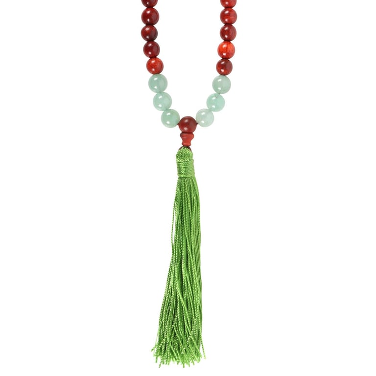 Love and Gratitude Rosewood & Green Aventurine 108 Bead Mallah Necklace for Meditation and Spiritual Growth
