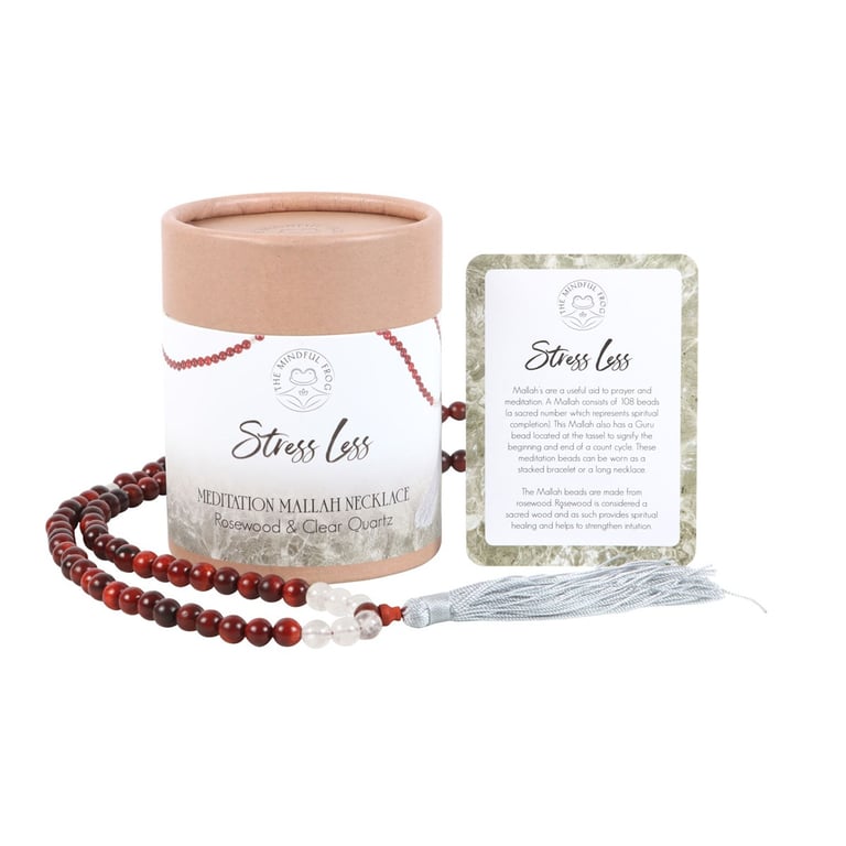 Stress Less Rosewood & Clear Quartz 108 Bead Meditation Necklace for Mindfulness and Spiritual Journey