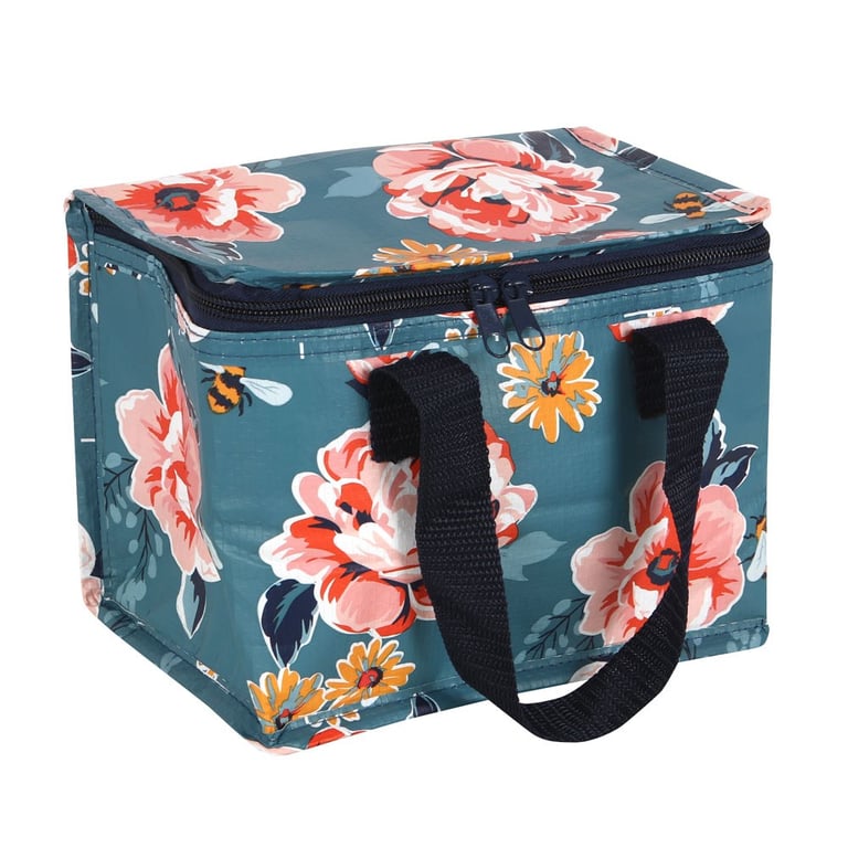Bee-utiful Floral Insulated Lunch Bag - Eco-Friendly Reusable Storage with Navy Handles and Zipper