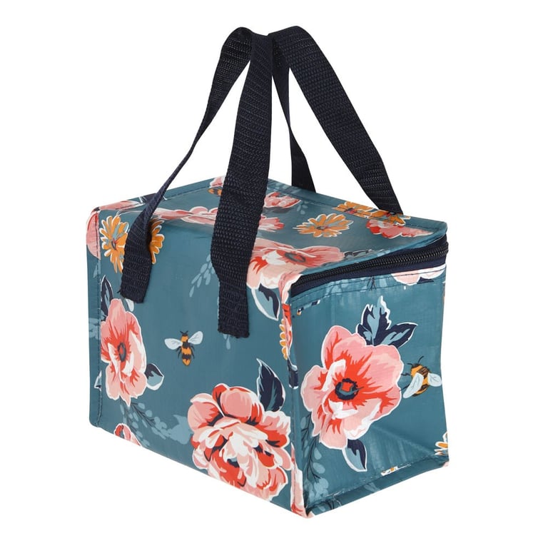 Bee-utiful Floral Insulated Lunch Bag - Eco-Friendly Reusable Storage with Navy Handles and Zipper