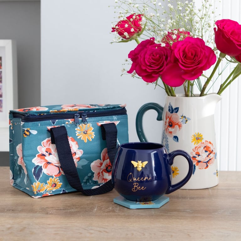Bee-utiful Floral Insulated Lunch Bag - Eco-Friendly Reusable Storage with Navy Handles and Zipper