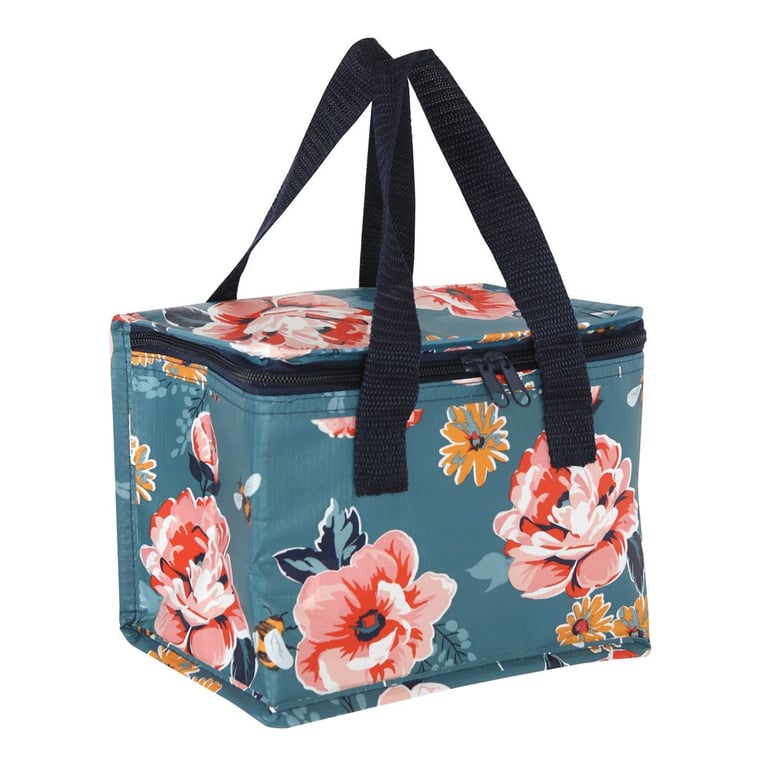 Bee-utiful Floral Insulated Lunch Bag - Eco-Friendly Reusable Storage with Navy Handles and Zipper