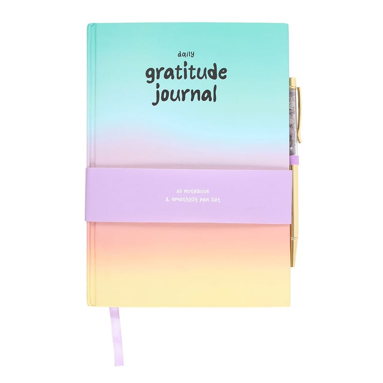 Multicoloured Gratitude Journal with Amethyst Pen - 100 Sheets, Goal Tracking & Positive Energy Tool