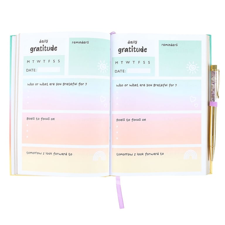 Multicoloured Gratitude Journal with Amethyst Pen - 100 Sheets, Goal Tracking & Positive Energy Tool