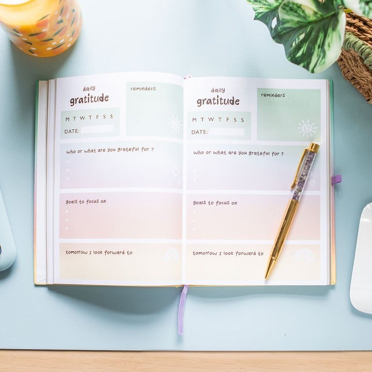 Multicoloured Gratitude Journal with Amethyst Pen - 100 Sheets, Goal Tracking & Positive Energy Tool