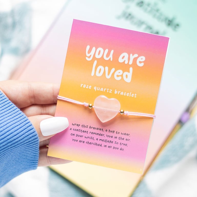 You Are Loved Rose Quartz Crystal Heart Shaped Bracelet