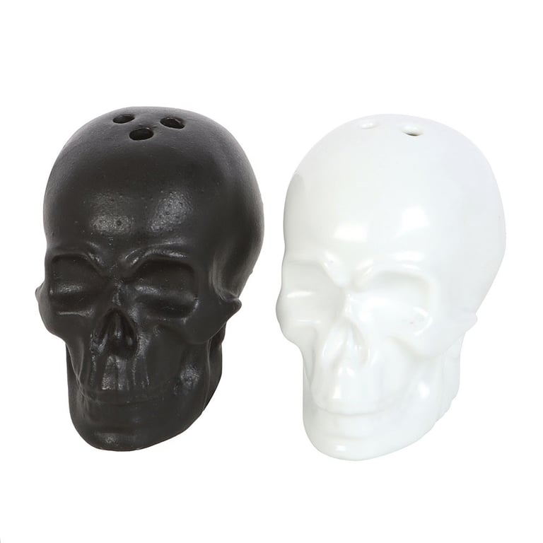 Black and White Skull Salt and Pepper Shakers - Halloween Tableware Conversation Starter Set