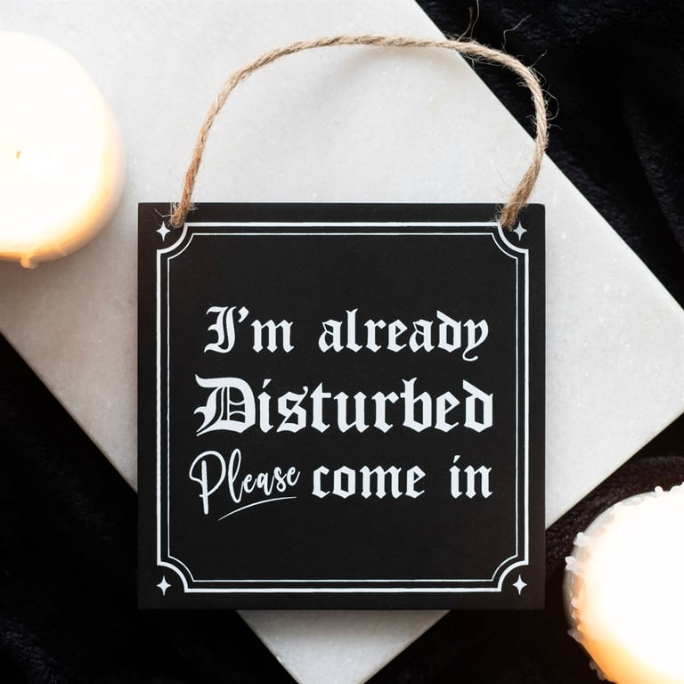 I m Already Disturbed Hanging Sign - Macabre Humor Gothic Decor Entrance Sign