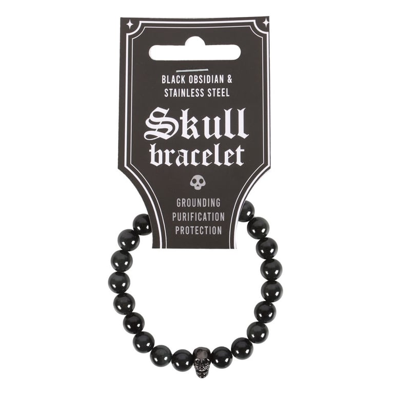 Black Obsidian Skull Charm Elasticated Bracelet - Protection & Grounding Jewelry