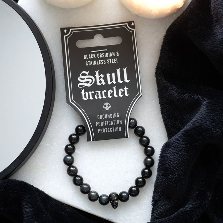 Black Obsidian Skull Charm Elasticated Bracelet - Protection & Grounding Jewelry