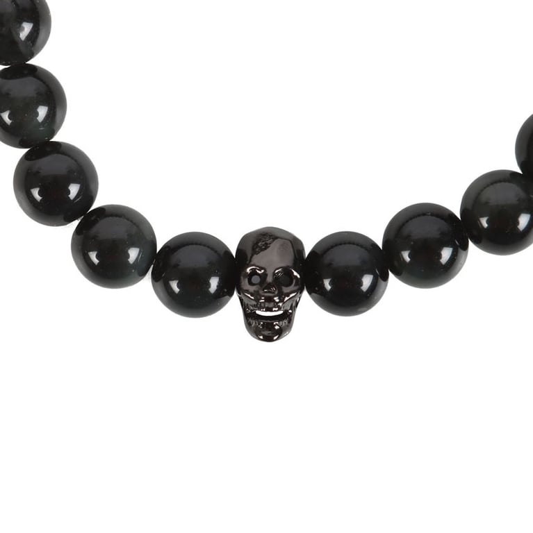 Black Obsidian Skull Charm Elasticated Bracelet - Protection & Grounding Jewelry