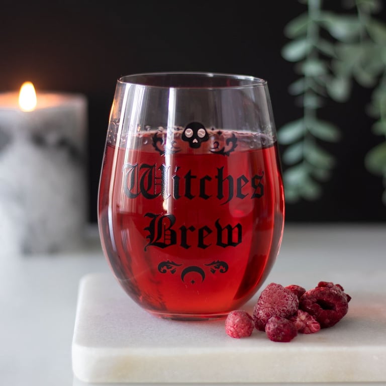 Witches Brew Stemless Wine Glass with Gothic Blackletter Design