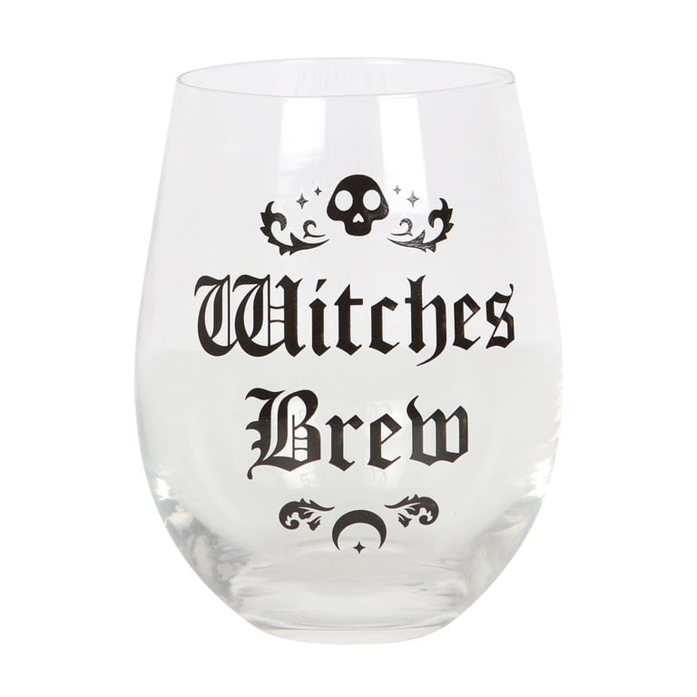 Witches Brew Stemless Wine Glass with Gothic Blackletter Design