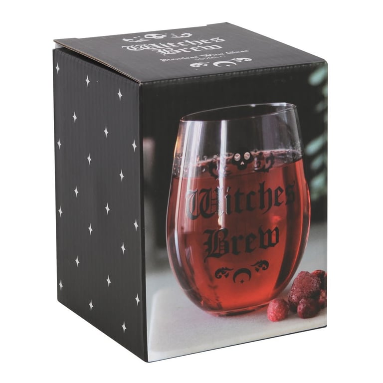 Witches Brew Stemless Wine Glass with Gothic Blackletter Design