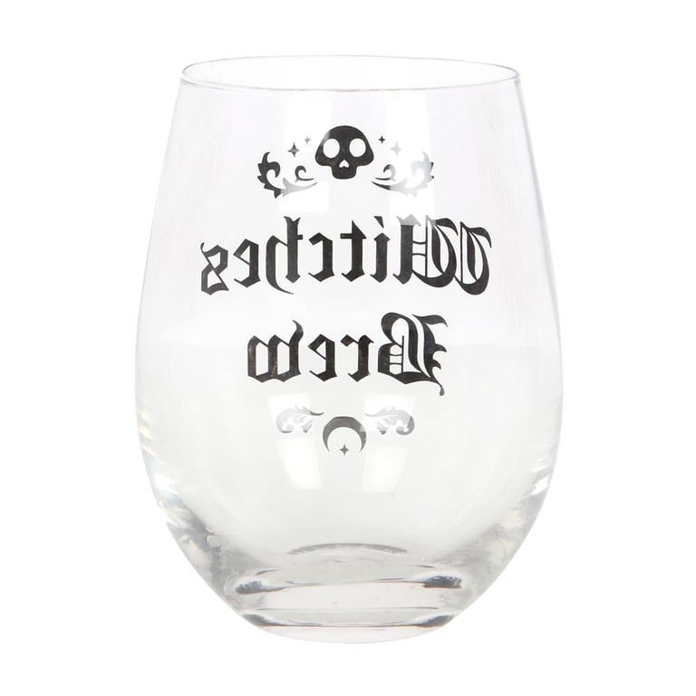 Witches Brew Stemless Wine Glass with Gothic Blackletter Design