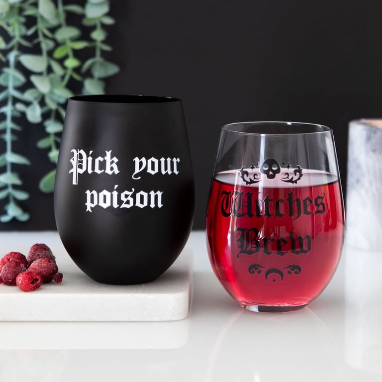 Witches Brew Stemless Wine Glass with Gothic Blackletter Design