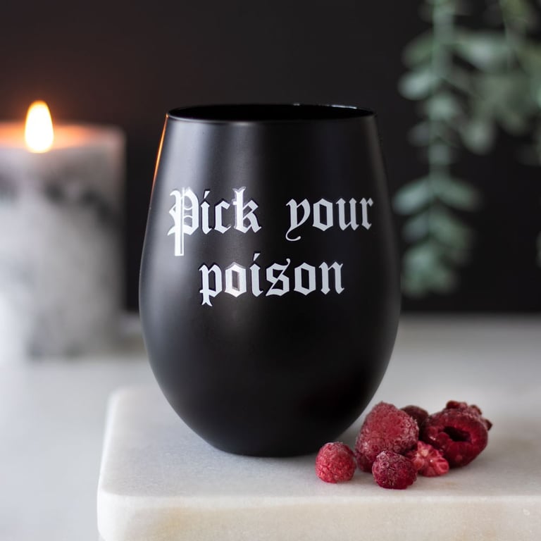 Pick Your Poison Gothic Stemless Wine Glass - Dark Black Wine Glass Gift Idea