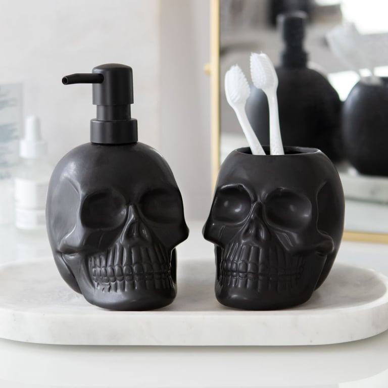 Black Skull Toothbrush Holder - Gothic Bathroom Organizer and Pen Holder